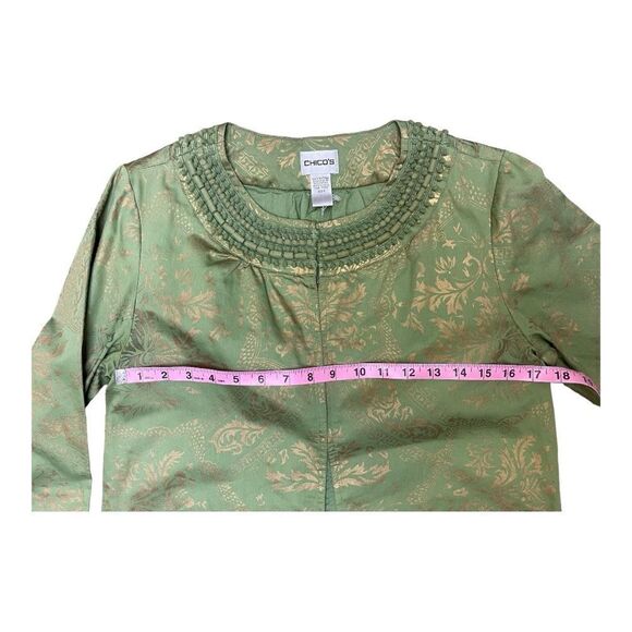 Chico’s Green Gold Shiny Cotton Embroidered Dots Trim Jacket Size 0 Small EUC - Picture 4 of 7